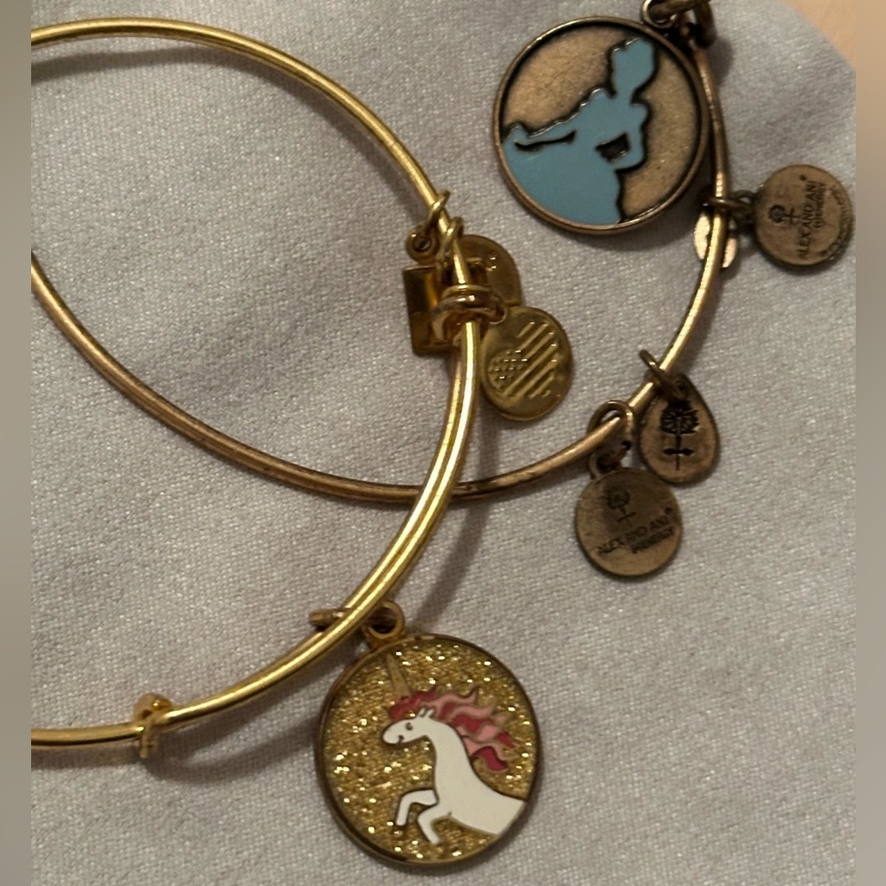 Alex and Ani Gold Bracelets with Unicorn and Cinderella Charms
